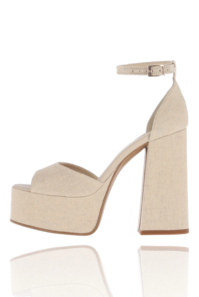 Linen - Sandales à plateforme en lin, doublées de cuir et ornées de boucles dorées