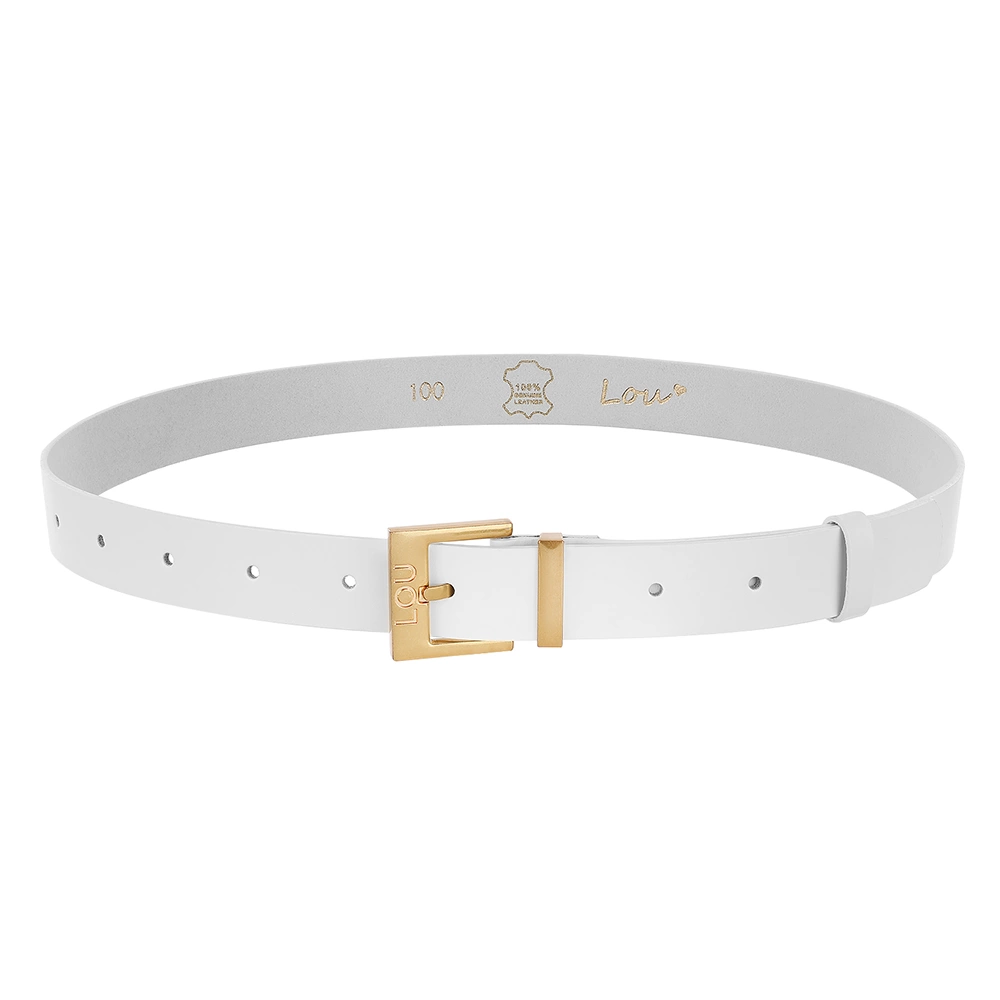 Ceinture Charo - Élégante ceinture en cuir blanc avec boucle dorée et logo Lou