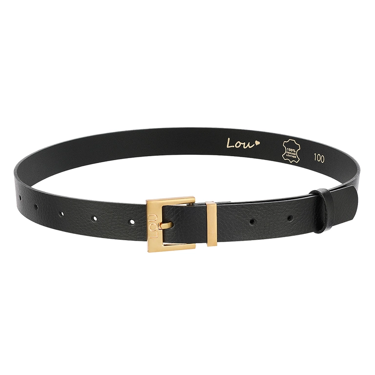 Ceinture Charo - Ceinture en cuir noir avec boucle luxueuse en or et logo Lou gravé
