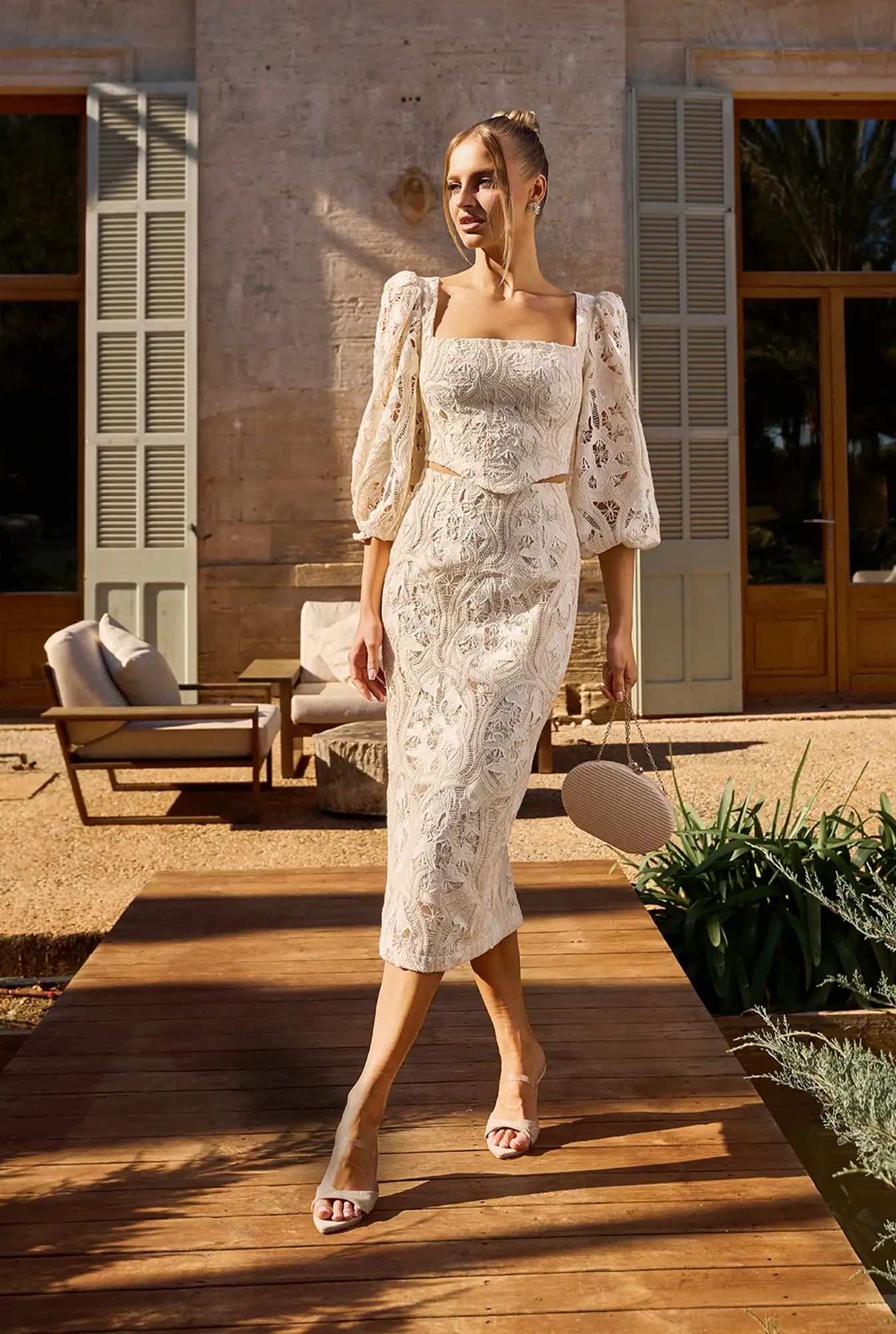 Manola - robe midi ajourée en coton crème