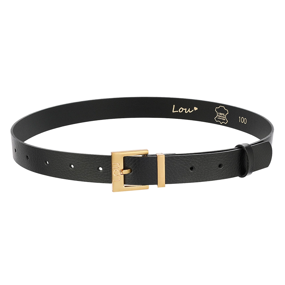 Ceinture Charo - Ceinture en cuir noir avec boucle luxueuse en or et logo Lou gravé