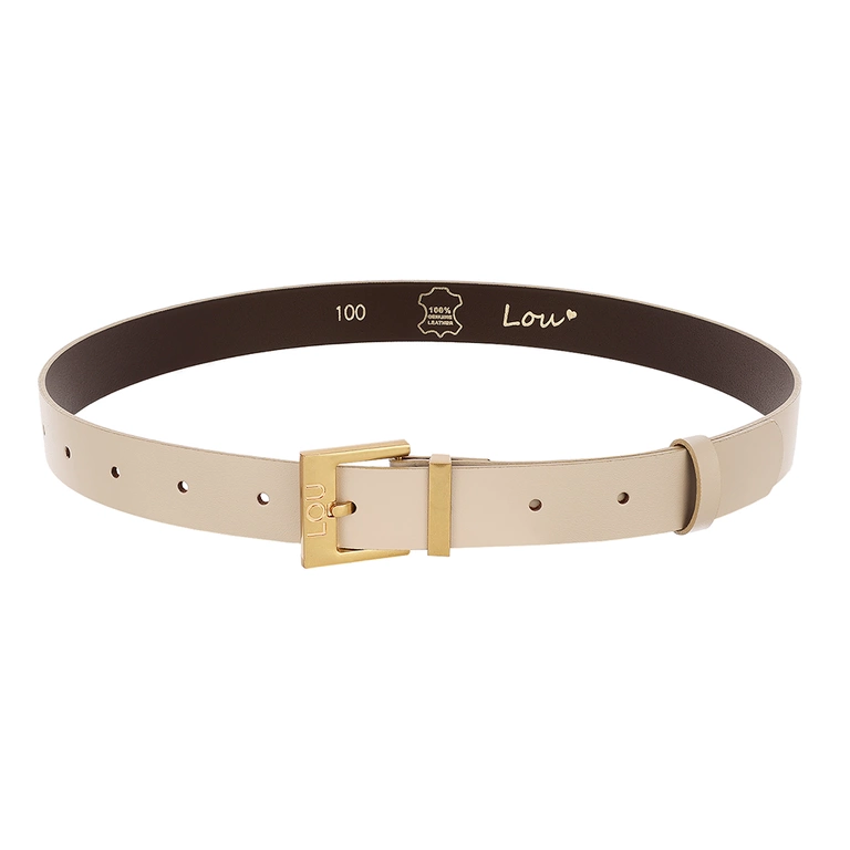 Ceinture Charo - Ceinture femme de couleur écrue avec boucle dorée et logo Lou subtilement gravé