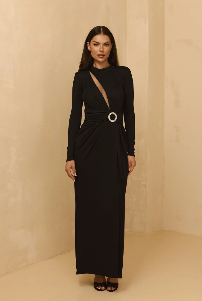 Ariana - Robe longue noire avec boucle, épaulettes et zircons embellis