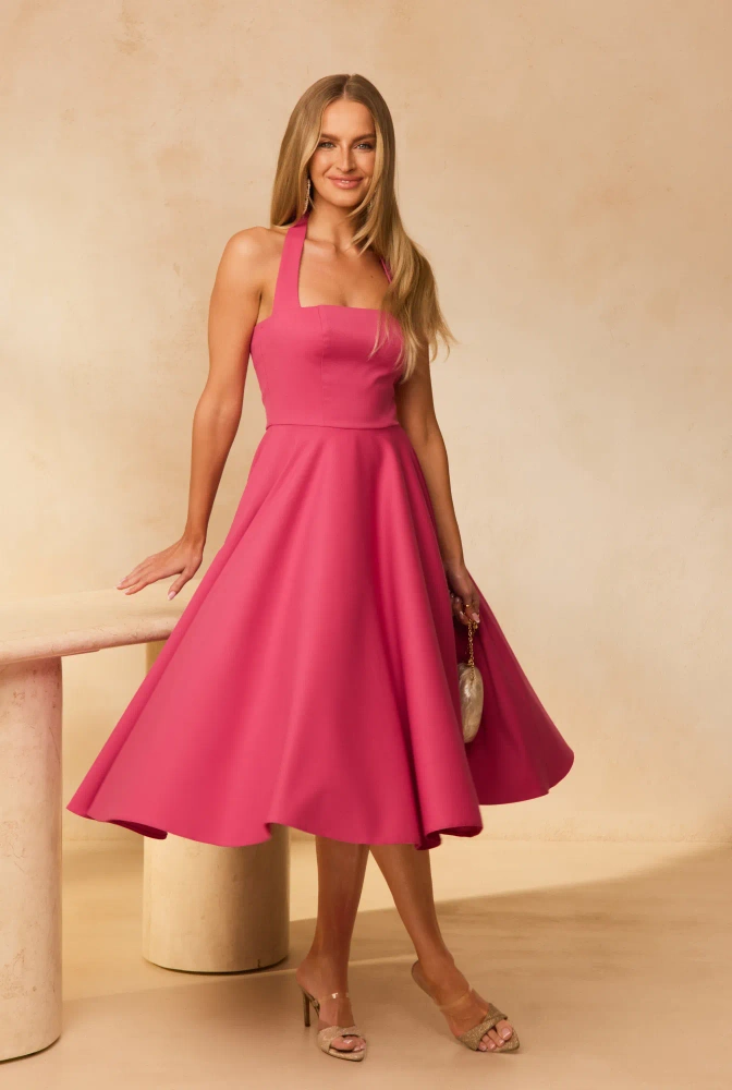 Albena – midi-robe rose avec lien à nouer au cou