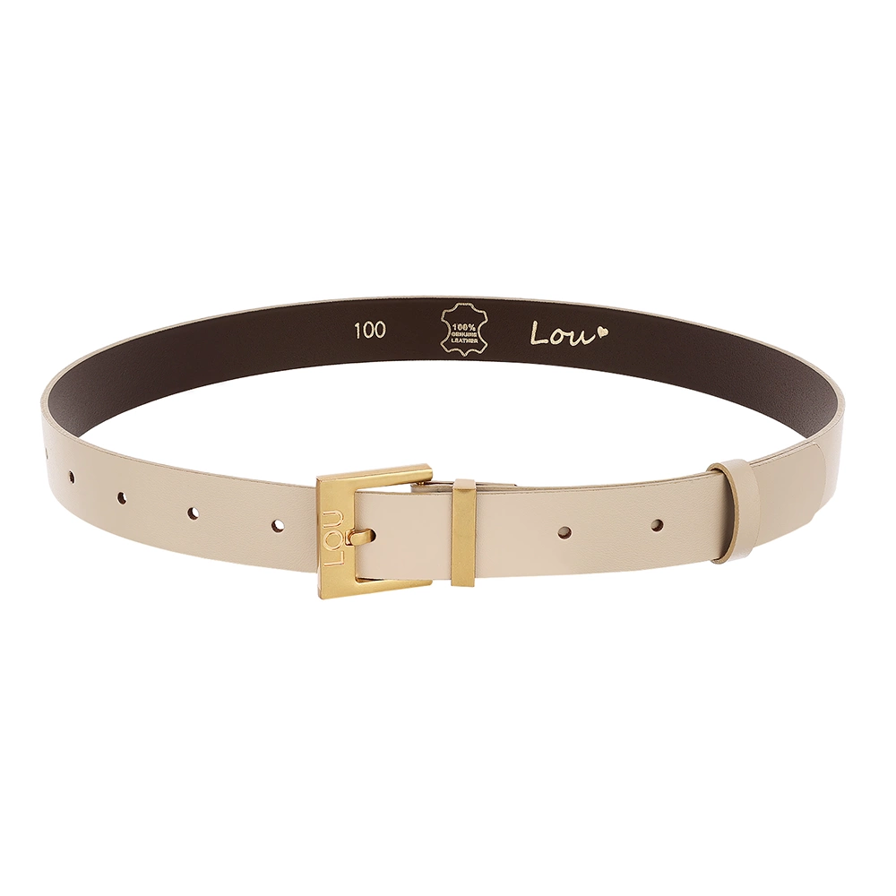Ceinture Charo - Ceinture femme de couleur écrue avec boucle dorée et logo Lou subtilement gravé